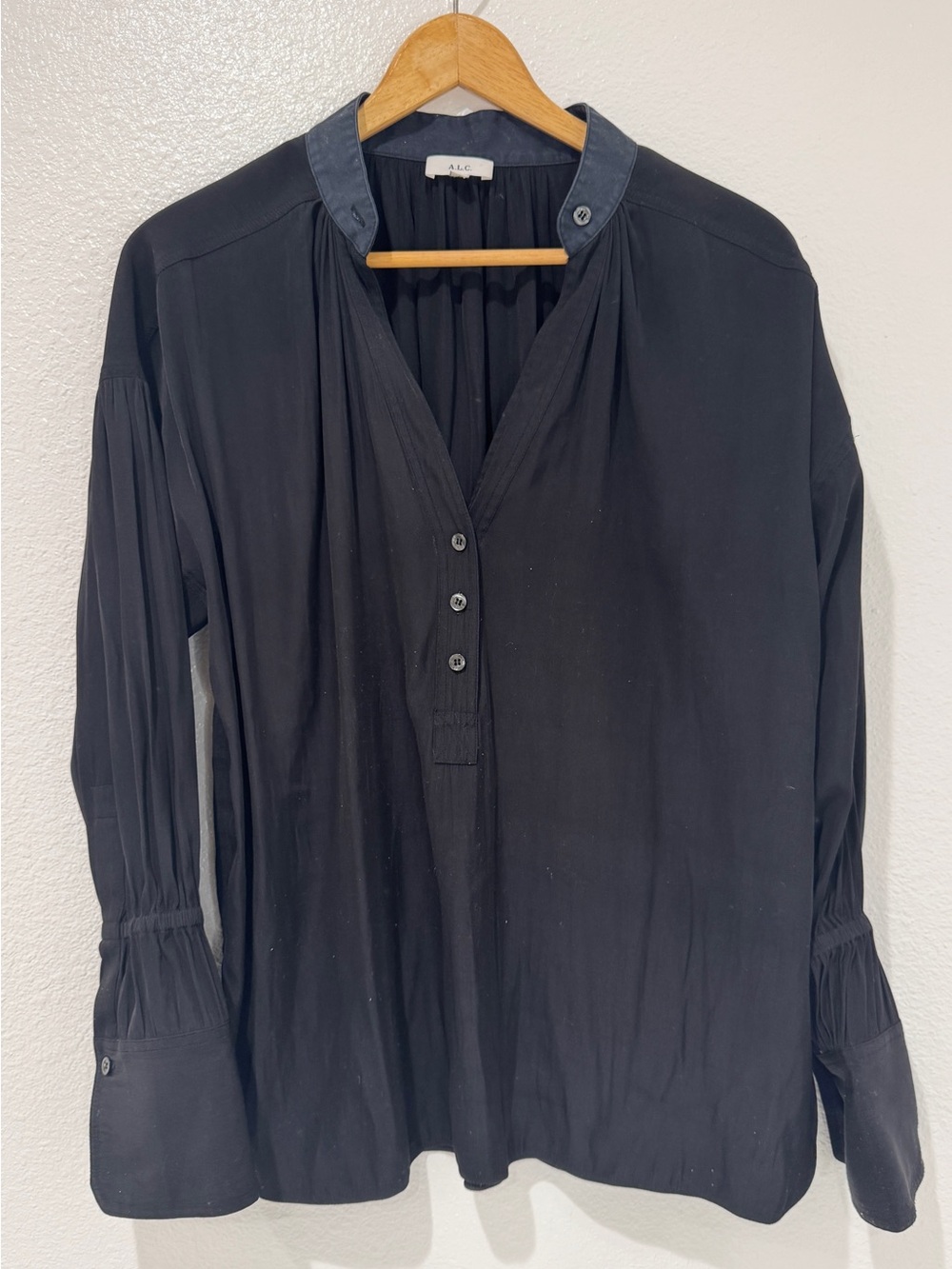 A.L.C. Black V-Neck Henley Blouse Ruched Bell Sleeve Dark Academia S